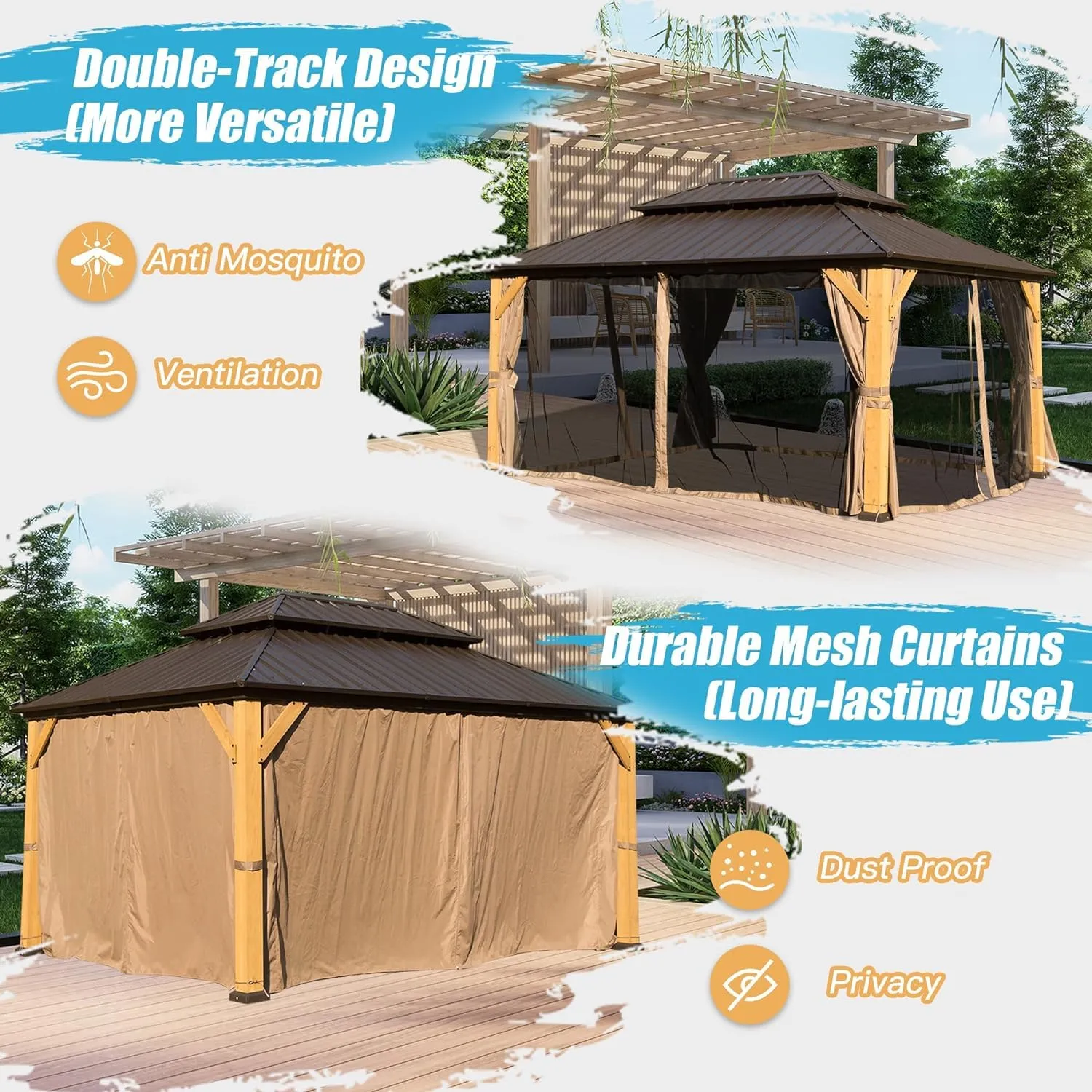10x14ft Cedar Wood Gazebo, Solid Wood Hardtop Gazebo with Galvanized Steel Double Roof, Netting & Curtains, Outdoor Gazebo for Patio, Backyard, Deck, Lawns (Brown-06)