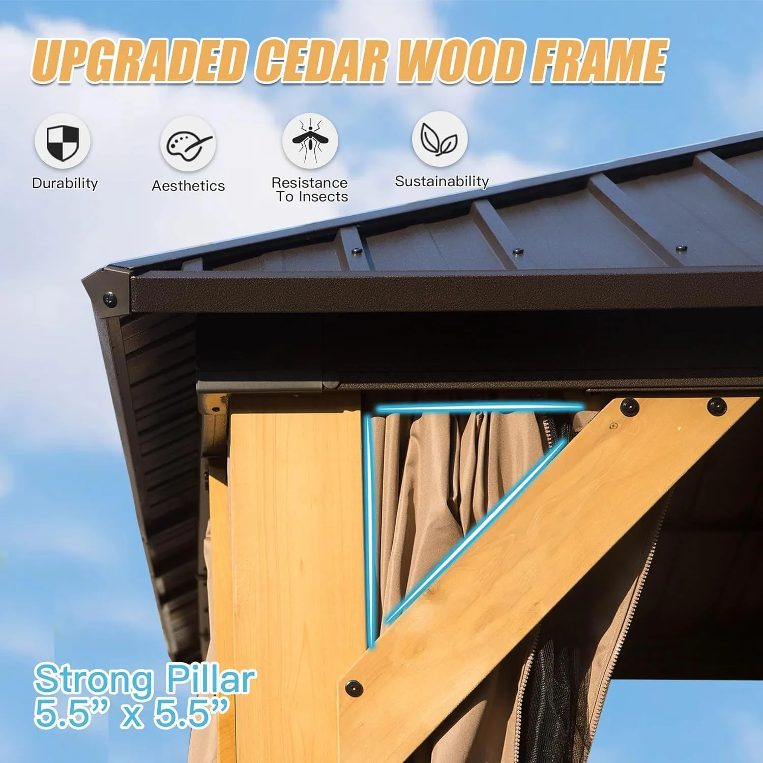 10x14ft Cedar Wood Gazebo, Solid Wood Hardtop Gazebo with Galvanized Steel Double Roof, Netting & Curtains, Outdoor Gazebo for Patio, Backyard, Deck, Lawns (Brown-06)