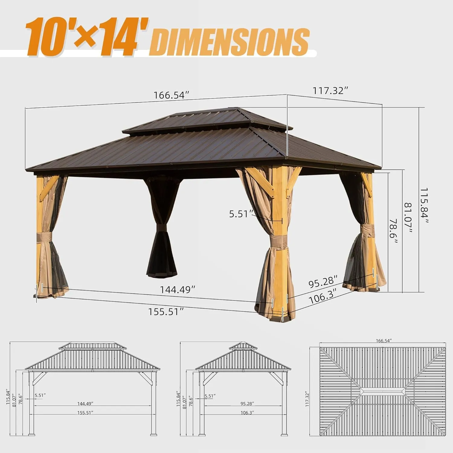 10x14ft Cedar Wood Gazebo, Solid Wood Hardtop Gazebo with Galvanized Steel Double Roof, Netting & Curtains, Outdoor Gazebo for Patio, Backyard, Deck, Lawns (Brown-06)