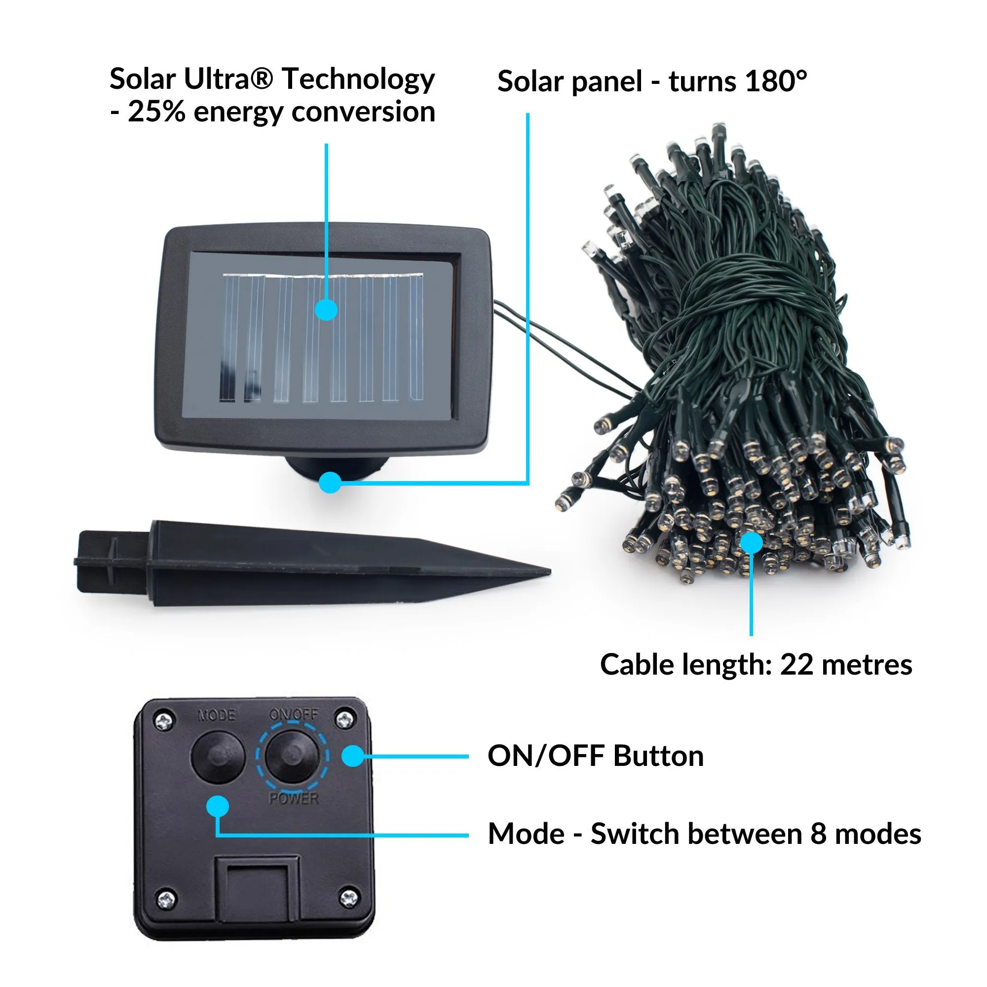 200 Warm White LED Solar Fairy Lights - Dual Powered via USB