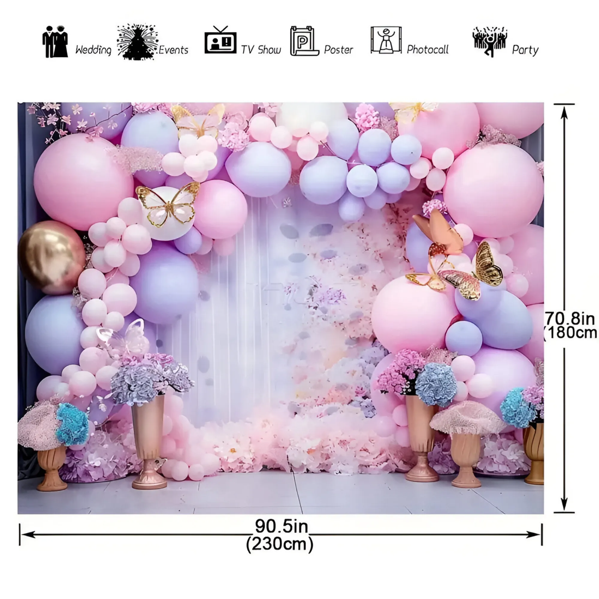 2.3X1.8M Balloons, Flowers, Butterflies Design Kids Birthday Backdrop Cloth