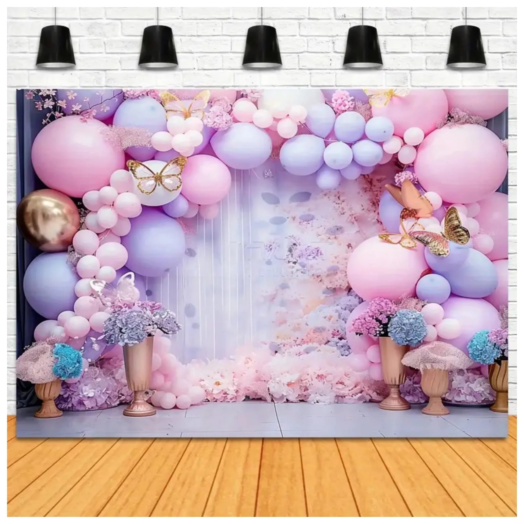 2.3X1.8M Balloons, Flowers, Butterflies Design Kids Birthday Backdrop Cloth