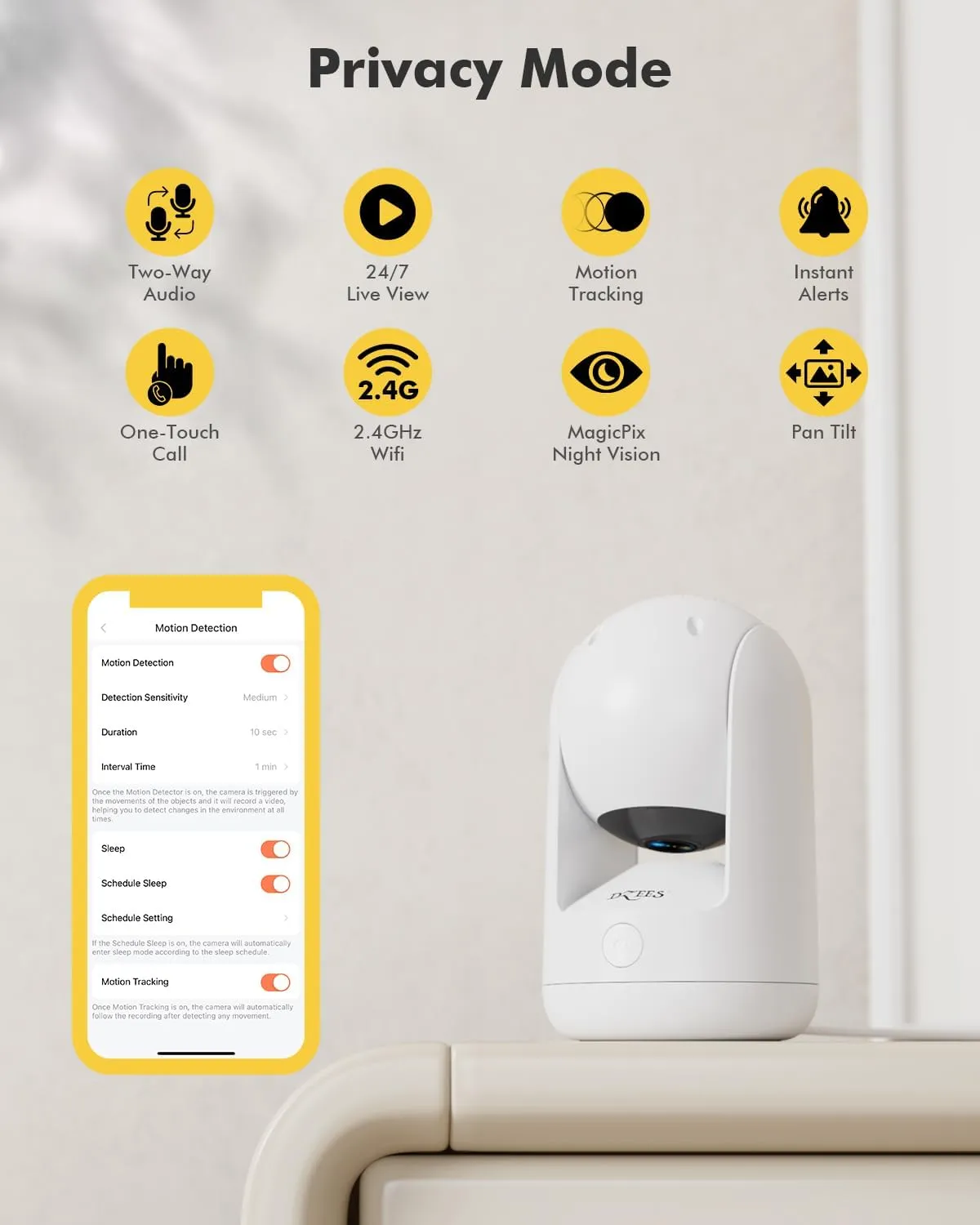 360° PTZ Wired WiFi Camera 24/7 Dog Pet Camera Indoor Security Camera with 2.4 Ghz WiFi Dzees CA49