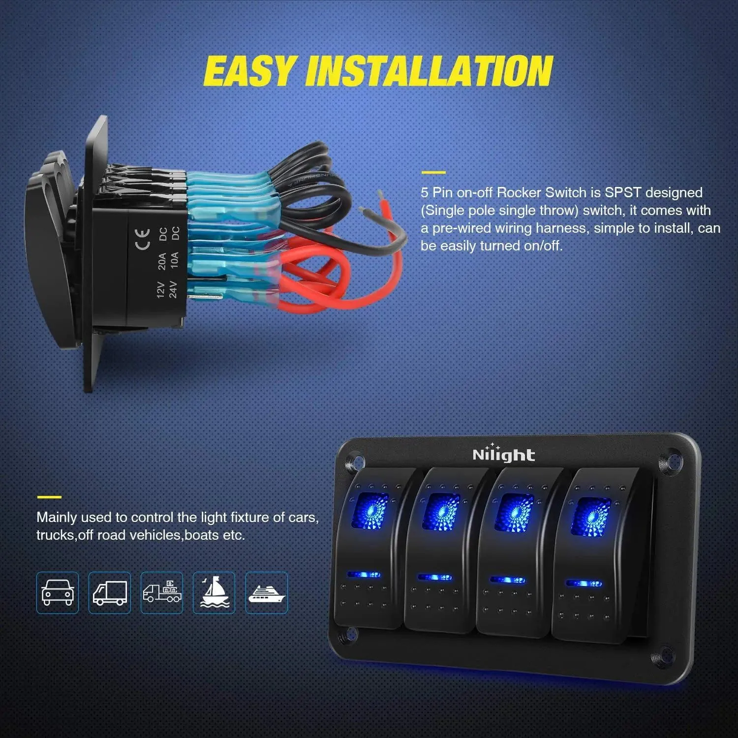 4Gang Aluminum 5Pin ON/Off Blue Rocker Switch Panel