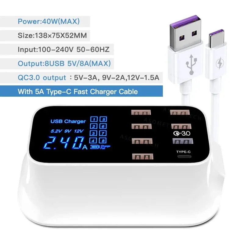 8-port Usb Charger with Fast Charge Led Display for All Devices