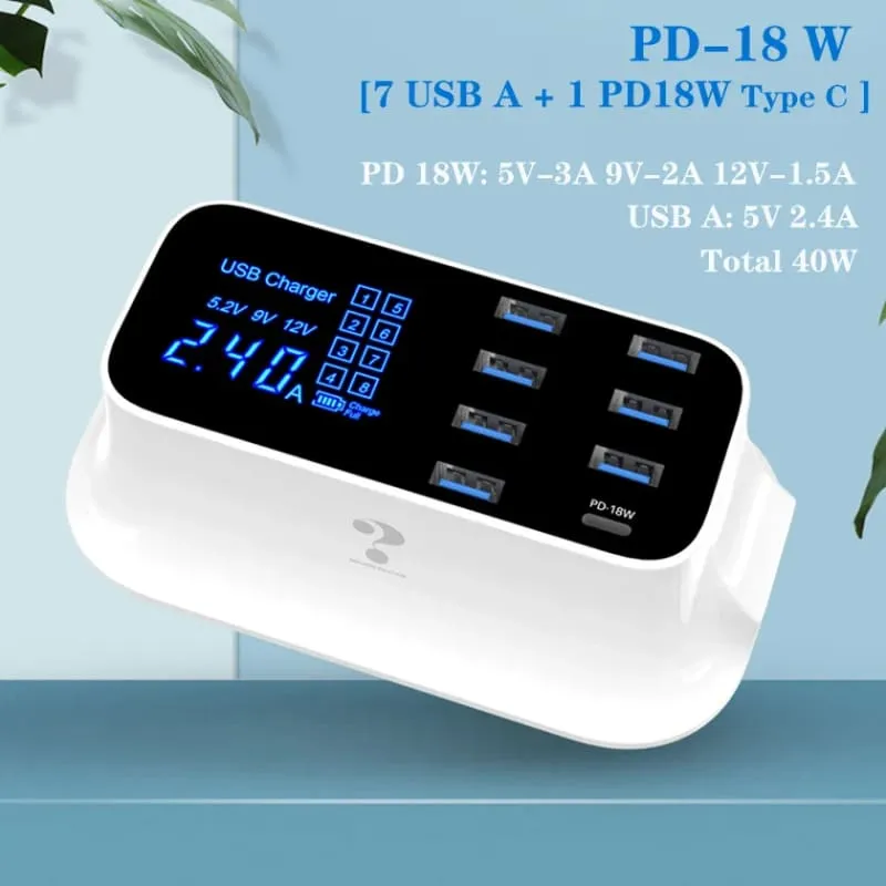 8-port Usb Charger with Fast Charge Led Display for All Devices