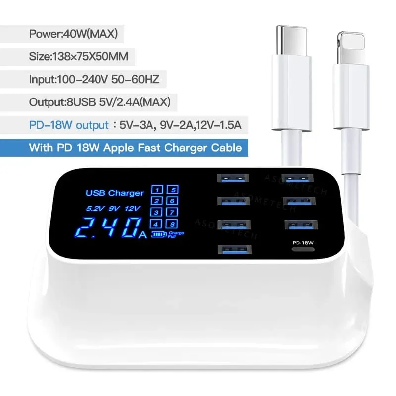 8-port Usb Charger with Fast Charge Led Display for All Devices