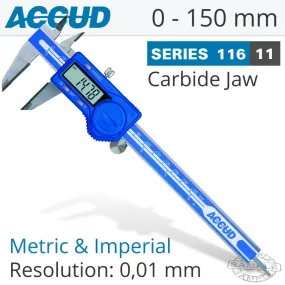 ACCUD DIG. CALIPER 150MM 0.03MM ACC. TCT JAWS S/STEEL 0.01MM RES. AC116-006-11