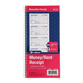 Adams Money and Rent Receipt Book, 2-Part Carbonless, 5-1/4" x 11", Spiral Bound, 200 Sets per Book, 4 Receipts per Page (SC1152) (12)