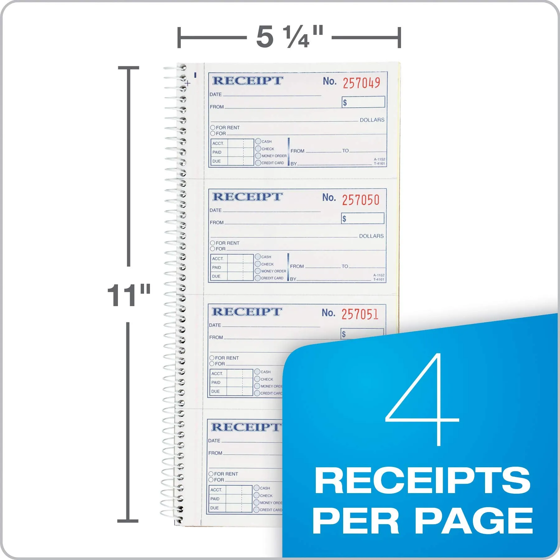 Adams Money and Rent Receipt Book, 2-Part Carbonless, 5-1/4" x 11", Spiral Bound, 200 Sets per Book, 4 Receipts per Page (SC1152) Smaller pack