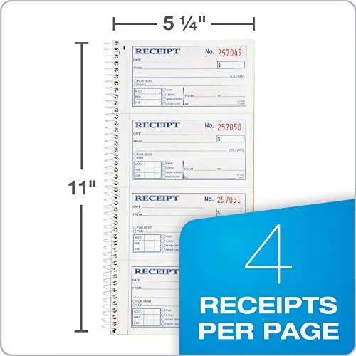 Adams Money and Rent Receipt Book, 2-Part Carbonless, 5-1/4" x 11", Spiral Bound, 200 Sets per Book, 4 Receipts per Page (SC1152)