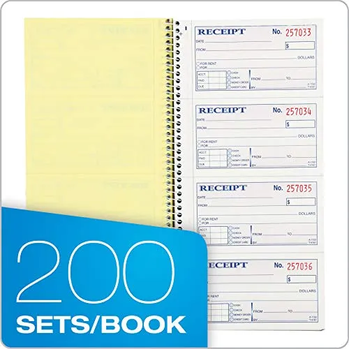 Adams Money and Rent Receipt Book, 2-Part Carbonless, 5-1/4" x 11", Spiral Bound, 200 Sets per Book, 4 Receipts per Page (SC1152)