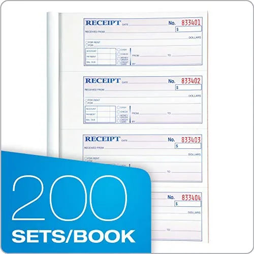 Adams Money and Rent Receipt Book, 2-Part, Carbonless, White/Canary, 7-5/8" x 10-7/8", Bound Wraparound Cover, 200 Sets per Book, 4 Receipts per Page (DC1182)