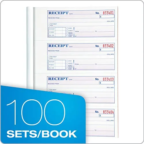 Adams Money and Rent Receipt Book, 3-Part, Carbonless, White/Canary/Pink, 7-5/8" x 10-7/8", Bound Wraparound Cover, 100 Sets per Book, 4 Receipts per Page (TC1182)