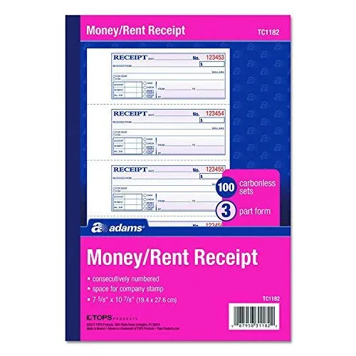Adams Money and Rent Receipt Book, 3-Part, Carbonless, White/Canary/Pink,7 5/8" x 10 7/8", 100 Sets per Book (TC1182) (12 Pack)