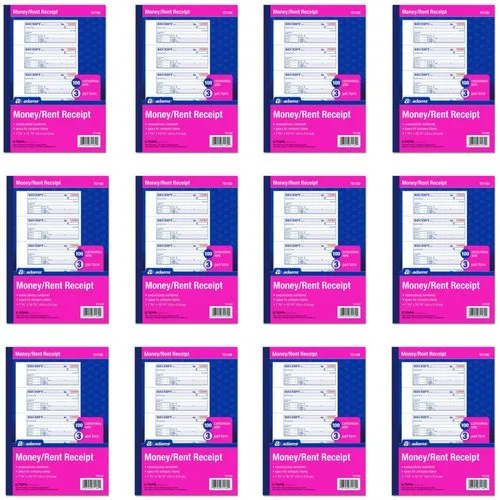 Adams Money and Rent Receipt Book, 3-Part, Carbonless, White/Canary/Pink,7 5/8" x 10 7/8", 100 Sets per Book (TC1182) (12 Pack)