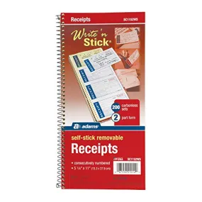 Adams Write n' Stick Receipt Book, 2-Part, Carbonless, White/Canary, 5-1/4" x 11", Spiral Bound, 200 Sets per Book, 4 Receipts per Page (SC1152WS)