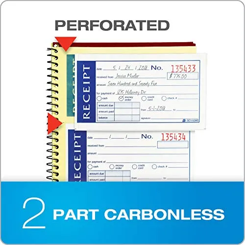Adams Write n' Stick Receipt Book, 2-Part, Carbonless, White/Canary, 5-1/4" x 11", Spiral Bound, 200 Sets per Book, 4 Receipts per Page (SC1152WS)