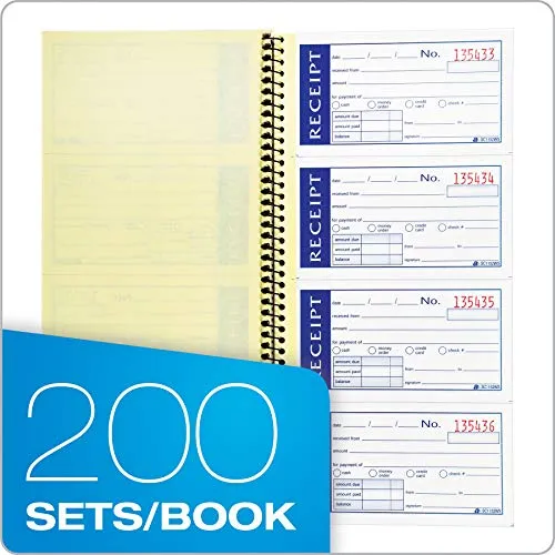 Adams Write n' Stick Receipt Book, 2-Part, Carbonless, White/Canary, 5-1/4" x 11", Spiral Bound, 200 Sets per Book, 4 Receipts per Page (SC1152WS)