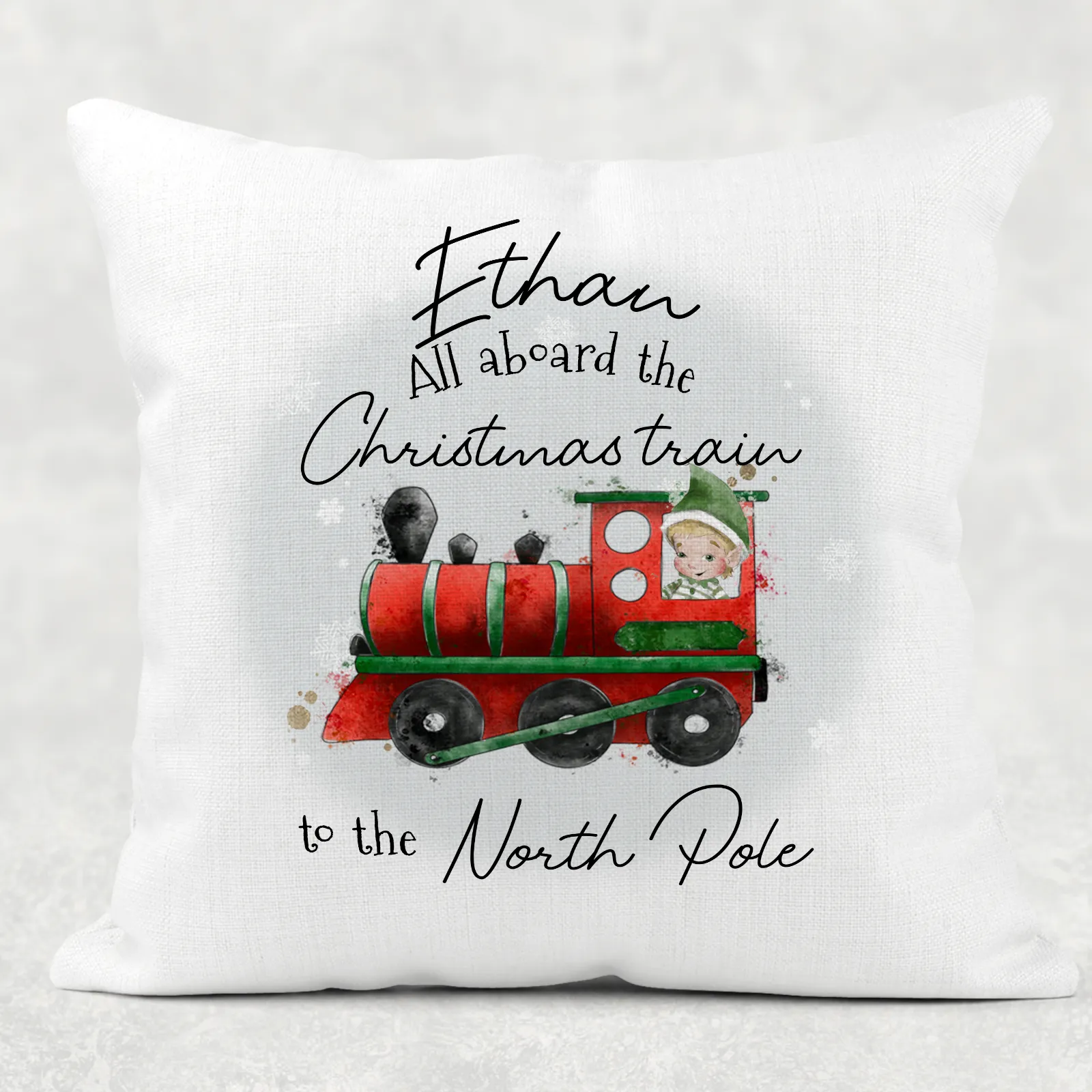 All Aboard the Train to the North Pole Personalised Christmas Cushion Cover Linen White Canvas