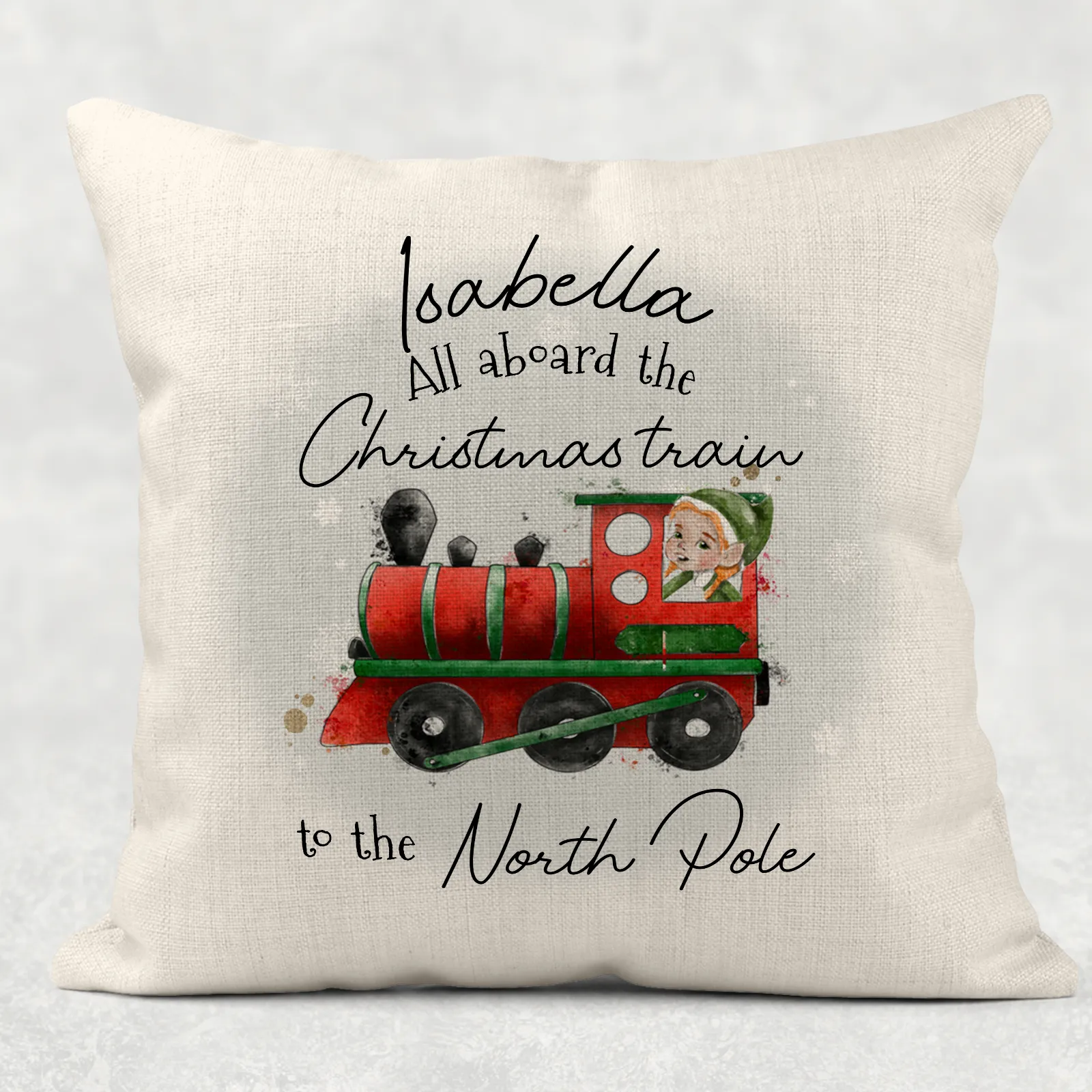 All Aboard the Train to the North Pole Personalised Christmas Cushion Cover Linen White Canvas