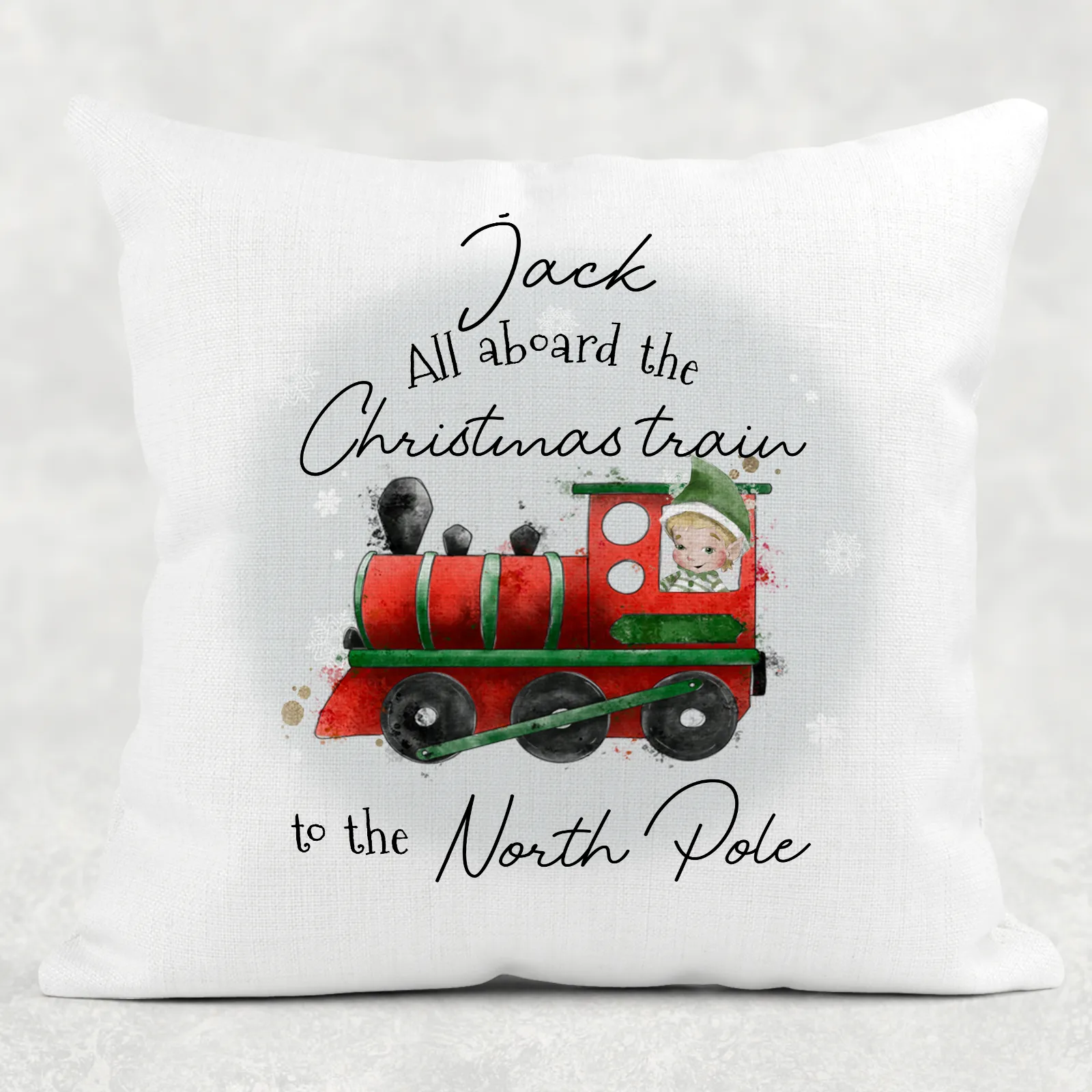 All Aboard the Train to the North Pole Personalised Christmas Cushion Cover Linen White Canvas