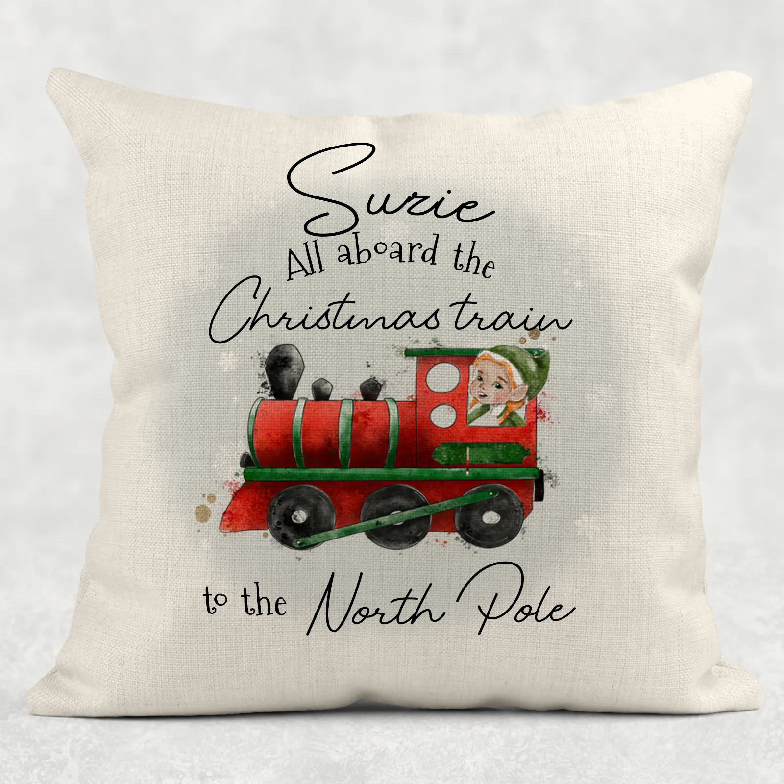 All Aboard the Train to the North Pole Personalised Christmas Cushion Cover Linen White Canvas