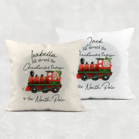 All Aboard the Train to the North Pole Personalised Christmas Cushion Cover Linen White Canvas