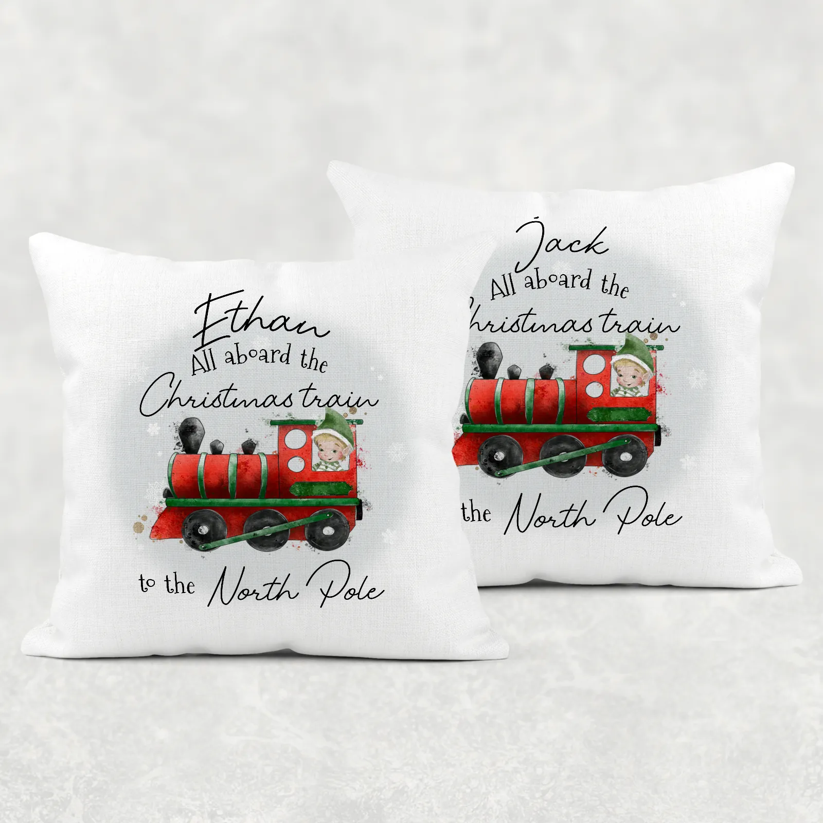 All Aboard the Train to the North Pole Personalised Christmas Cushion Cover Linen White Canvas