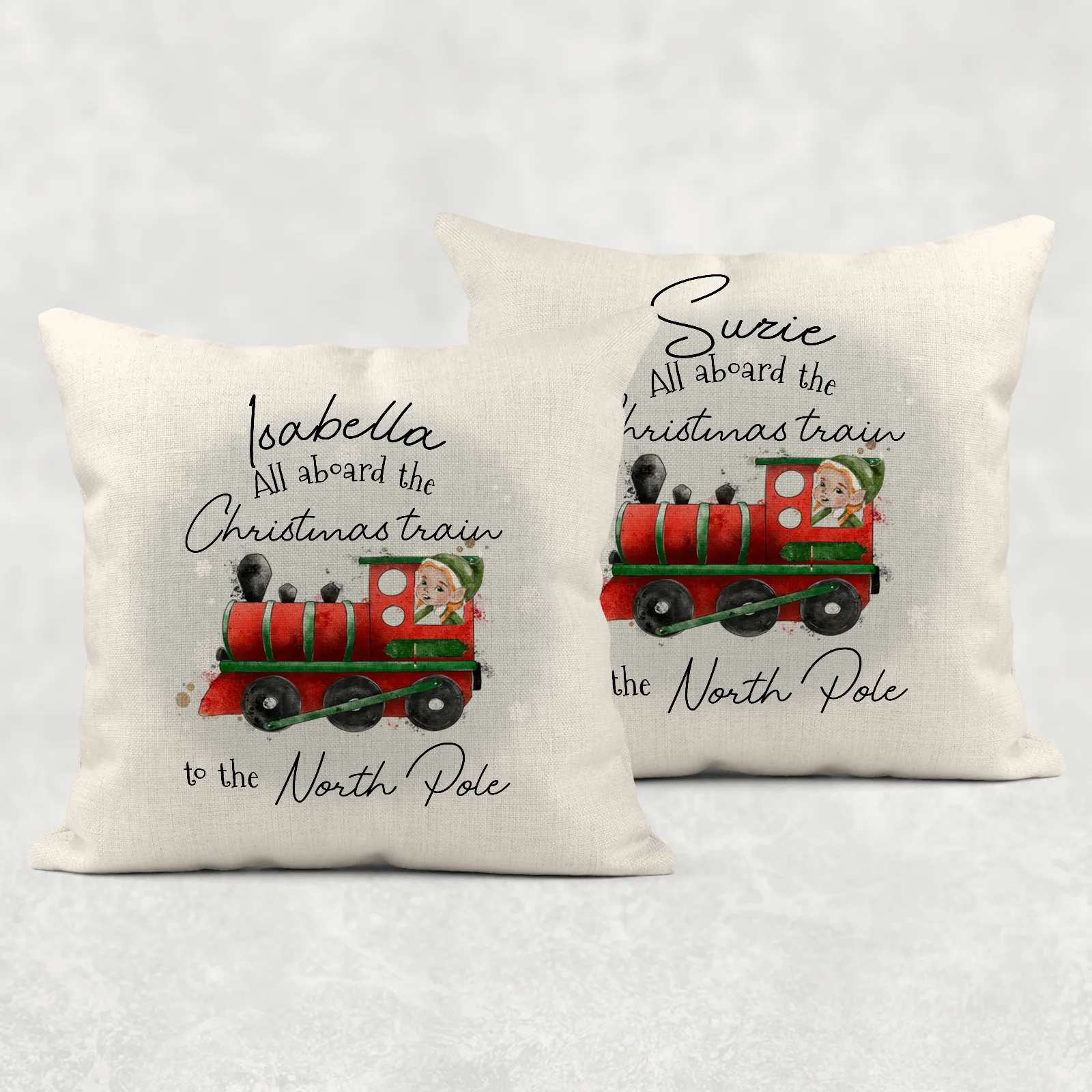 All Aboard the Train to the North Pole Personalised Christmas Cushion Cover Linen White Canvas