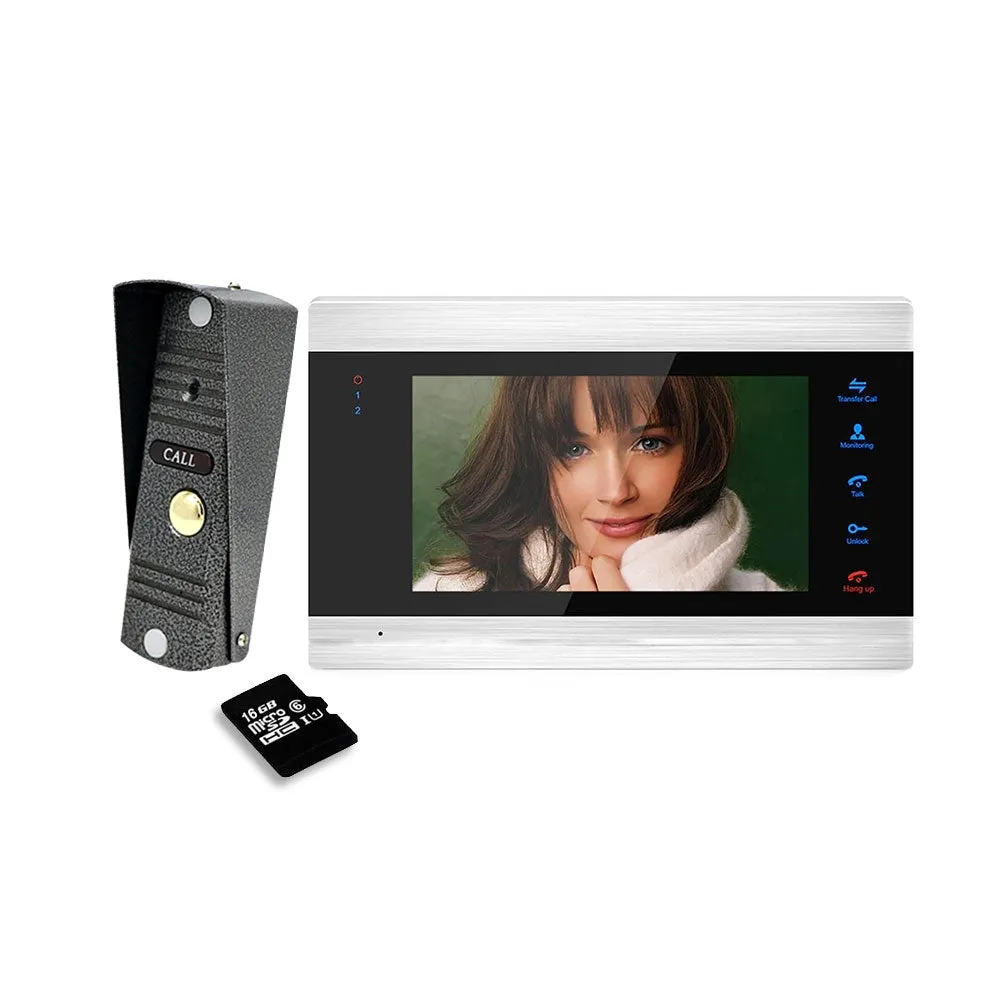 AnjieloSmart 7 inch Touch Button Video Doorbell Intercom Waterproof Door Phone intercom 1 monitor    1 doorphone   16G SD Card