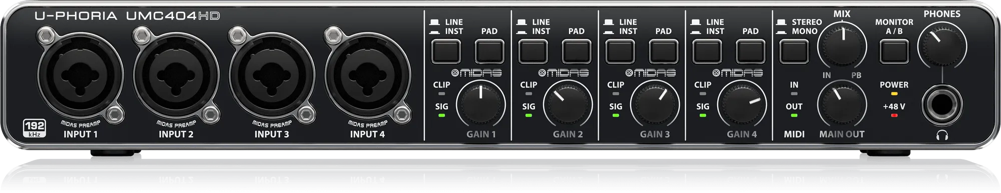 Behringer U-PHORIA UMC404HD Audiophile 4x4, 24-Bit/192 kHz USB Audio/MIDI Interface with MIDAS Mic Preamplifiers - Each
