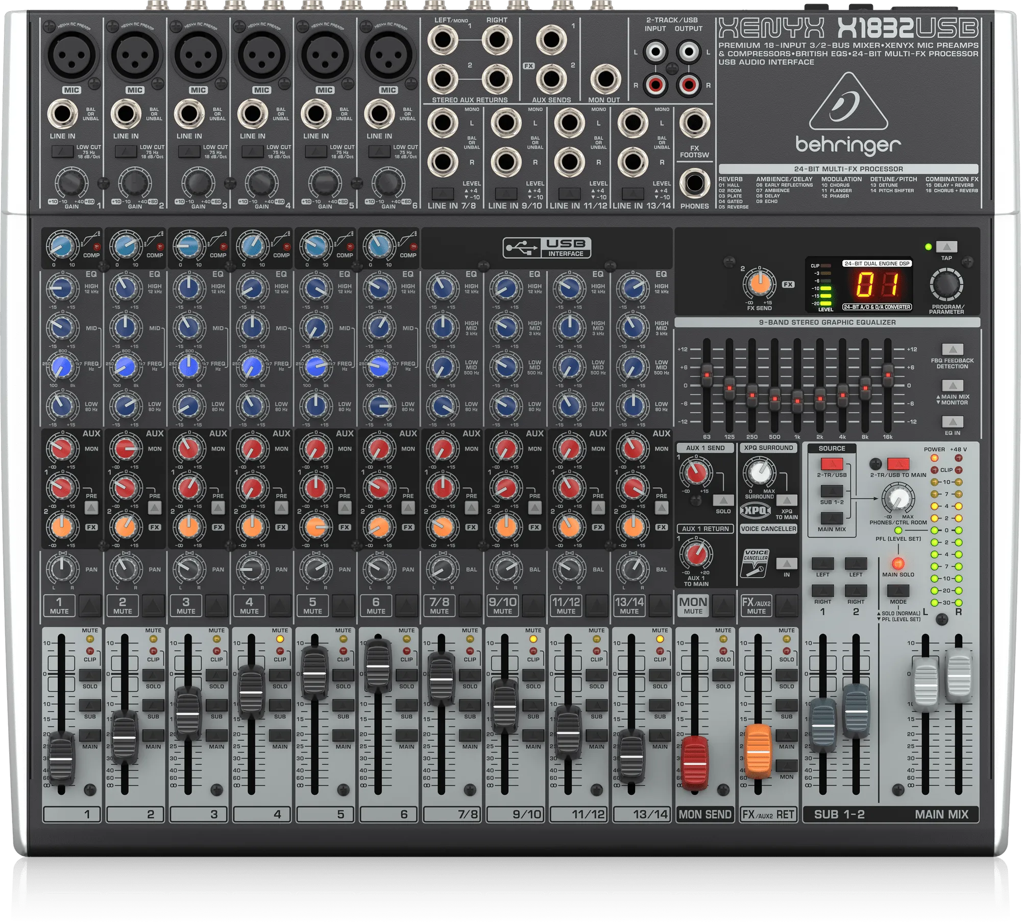 Behringer XENYX X1832USB Premium 18-Input 3/2-Bus Mixer with XENYX Mic Preamps and Compressors, British EQ, 24-Bit Multi-FX Processor and USB/Audio Interface - Each