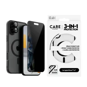 CARE By PanzerGlass iPhone 16 Plus 3-i-1 FLAGSHIP MagSafe Bundle - Cover / Privacy Skærmbeskyttelse (UWF) / Kamerabeskyttelse - Gennemsigtig / Sort