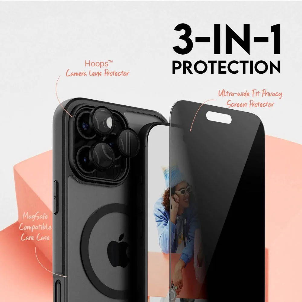 CARE By PanzerGlass iPhone 16 Pro Max 3-i-1 FLAGSHIP MagSafe Bundle - Cover / Privacy Skærmbeskyttelse (UWF) / Kamerabeskyttelse - Gennemsigtig / Sort