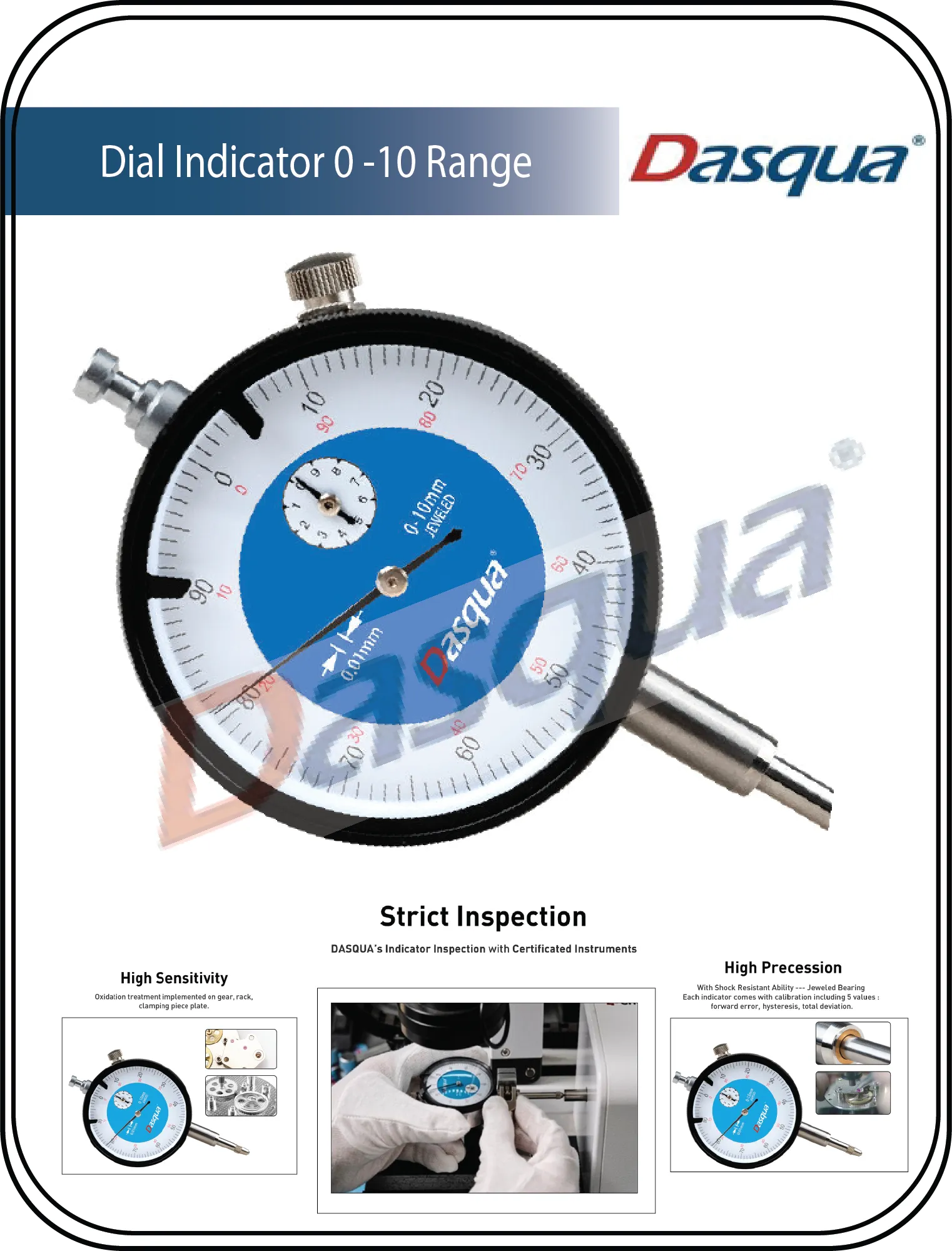 DASQUA High Accuracy Dial Indicator lug back 0-10 range
