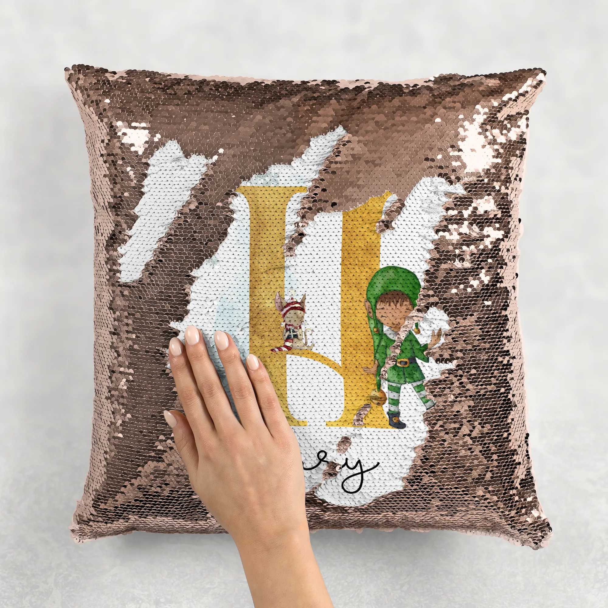 Elf Alphabet Christmas Personalised Mermaid Sequin Cushion