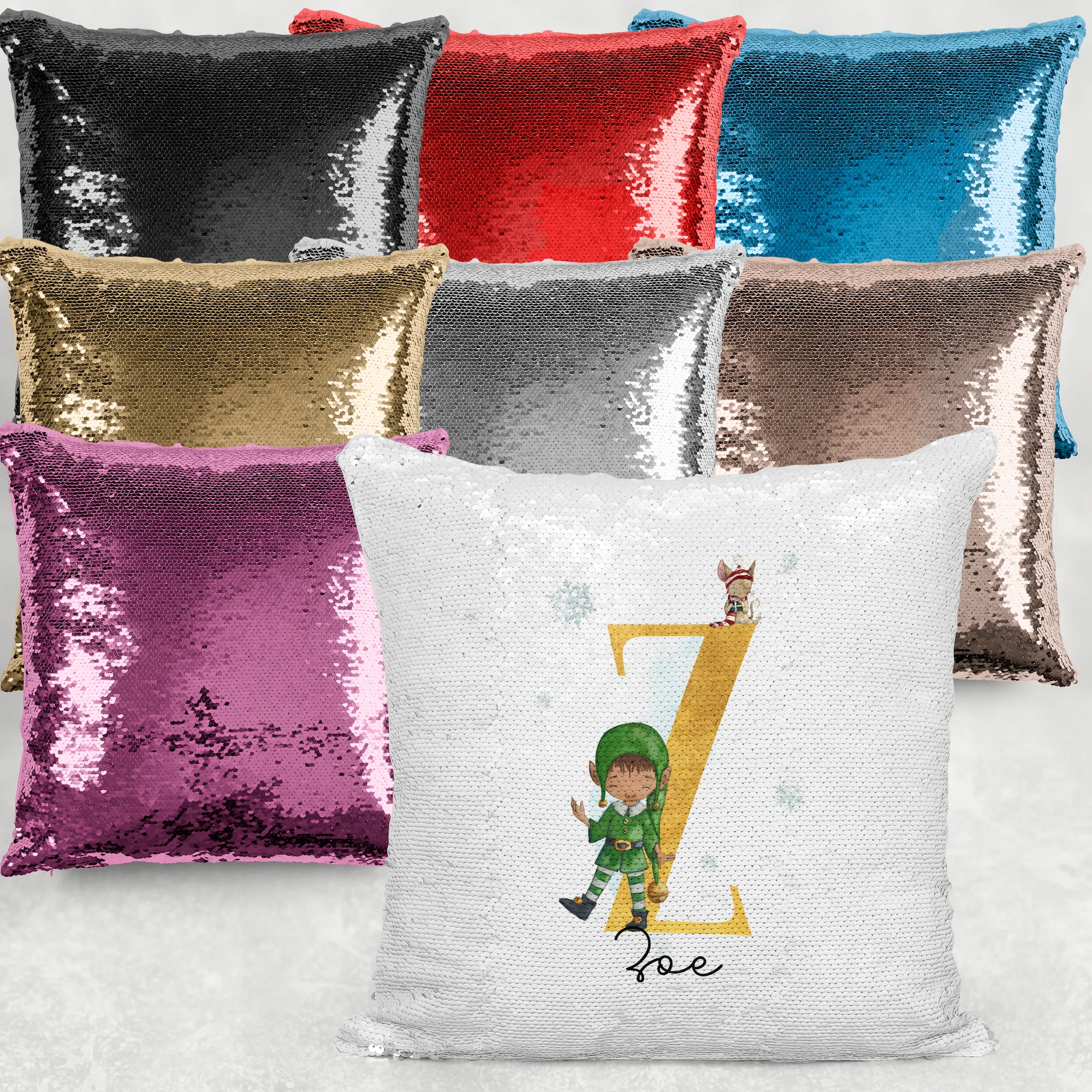 Elf Alphabet Christmas Personalised Mermaid Sequin Cushion