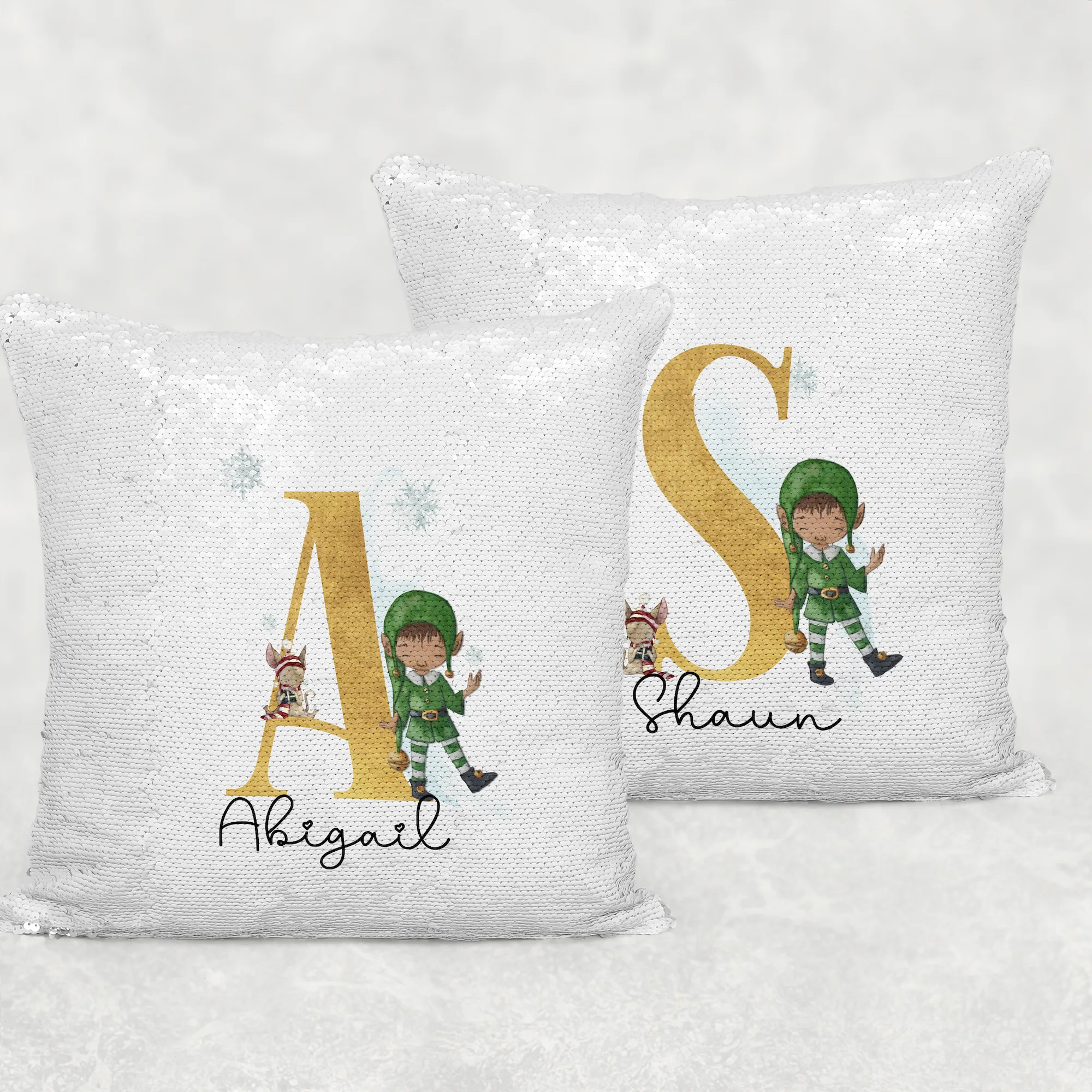 Elf Alphabet Christmas Personalised Mermaid Sequin Cushion