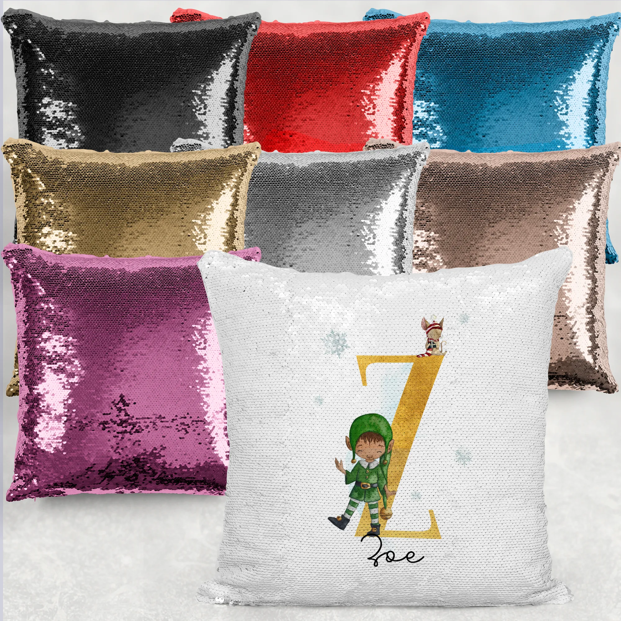 Elf Alphabet Christmas Personalised Mermaid Sequin Cushion