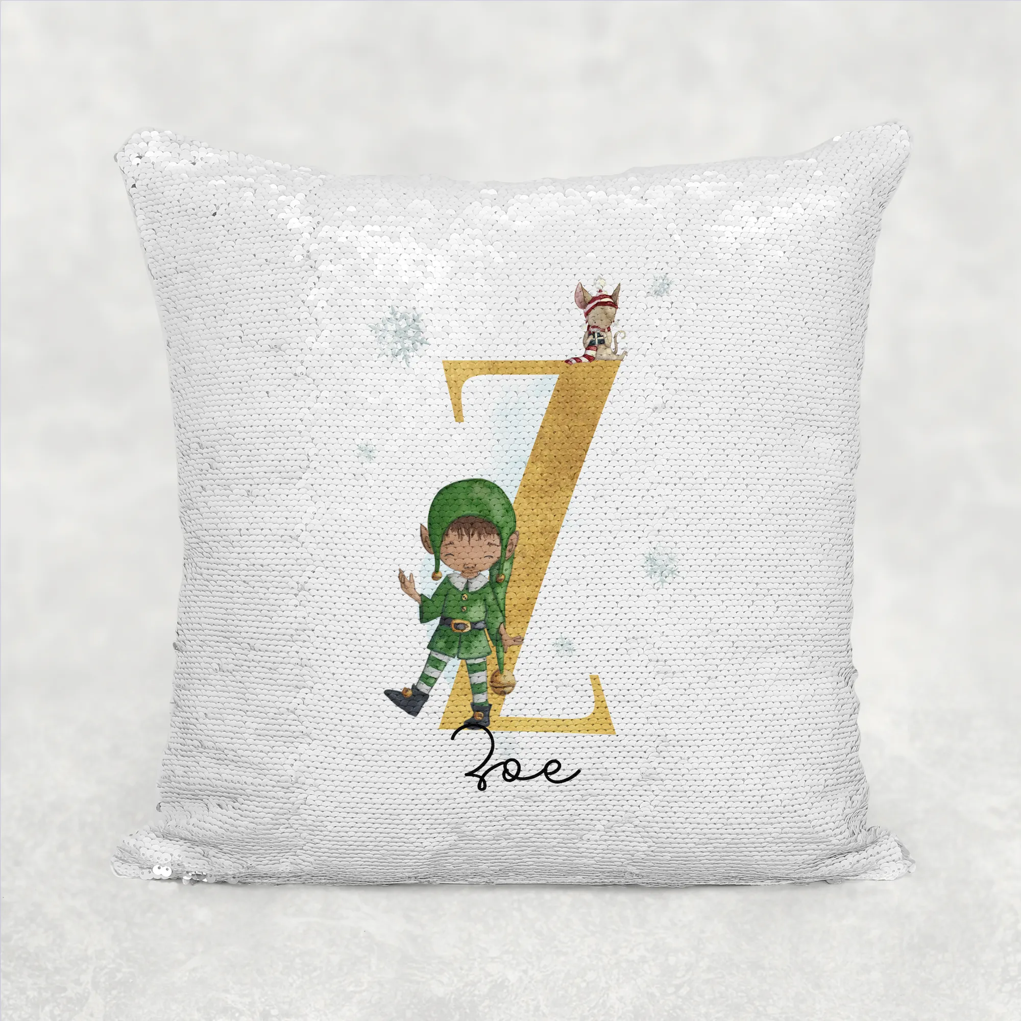 Elf Alphabet Christmas Personalised Mermaid Sequin Cushion
