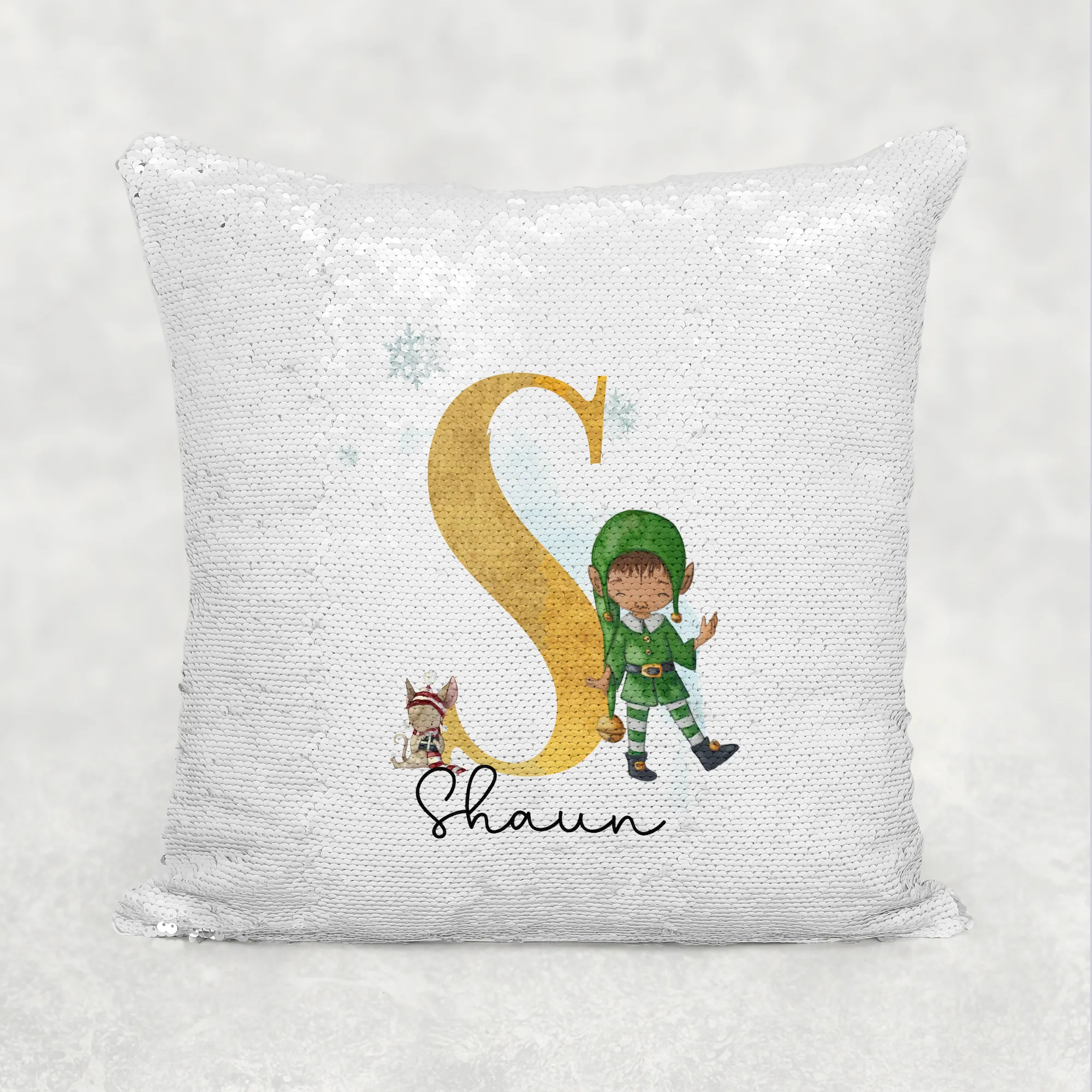 Elf Alphabet Christmas Personalised Mermaid Sequin Cushion