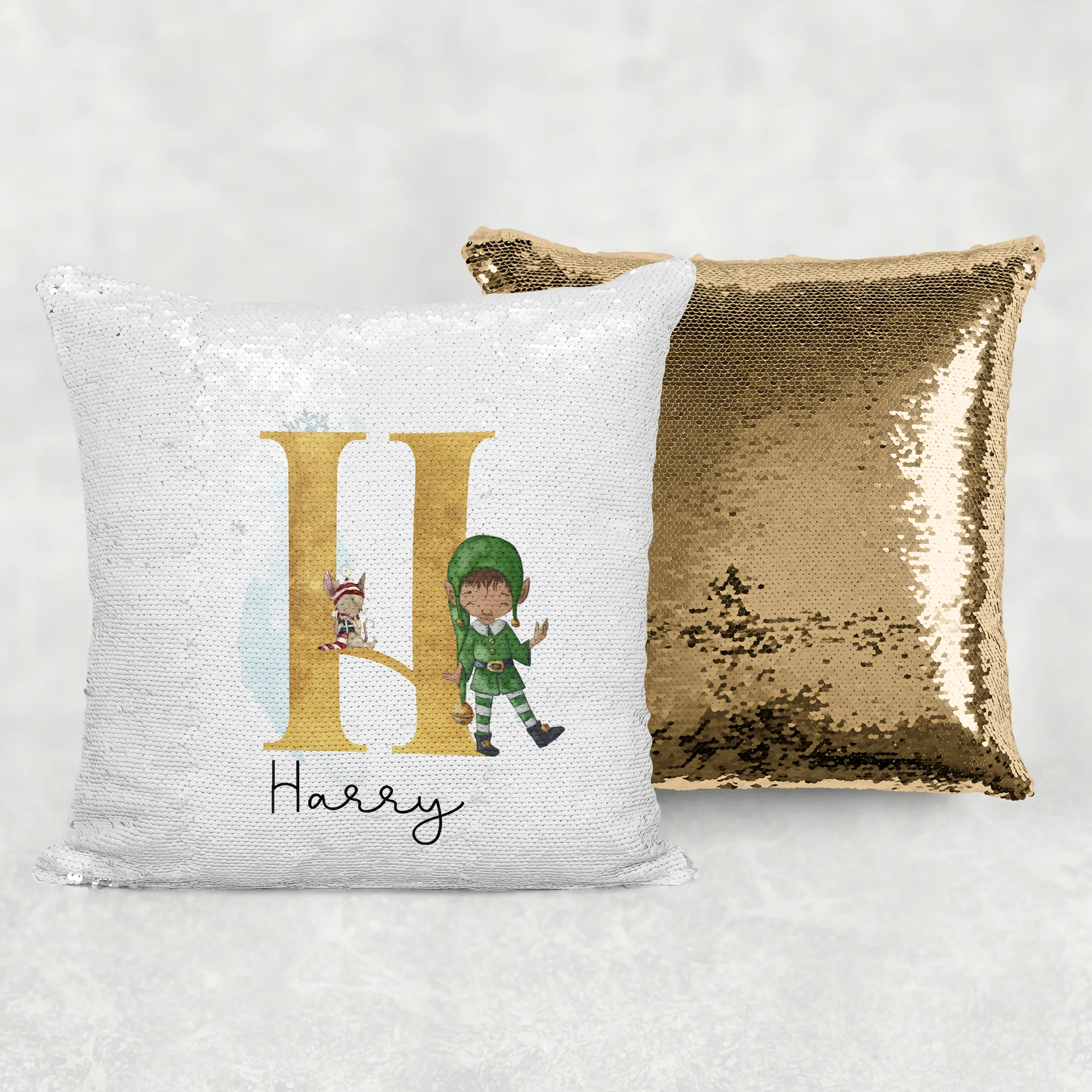 Elf Alphabet Christmas Personalised Mermaid Sequin Cushion