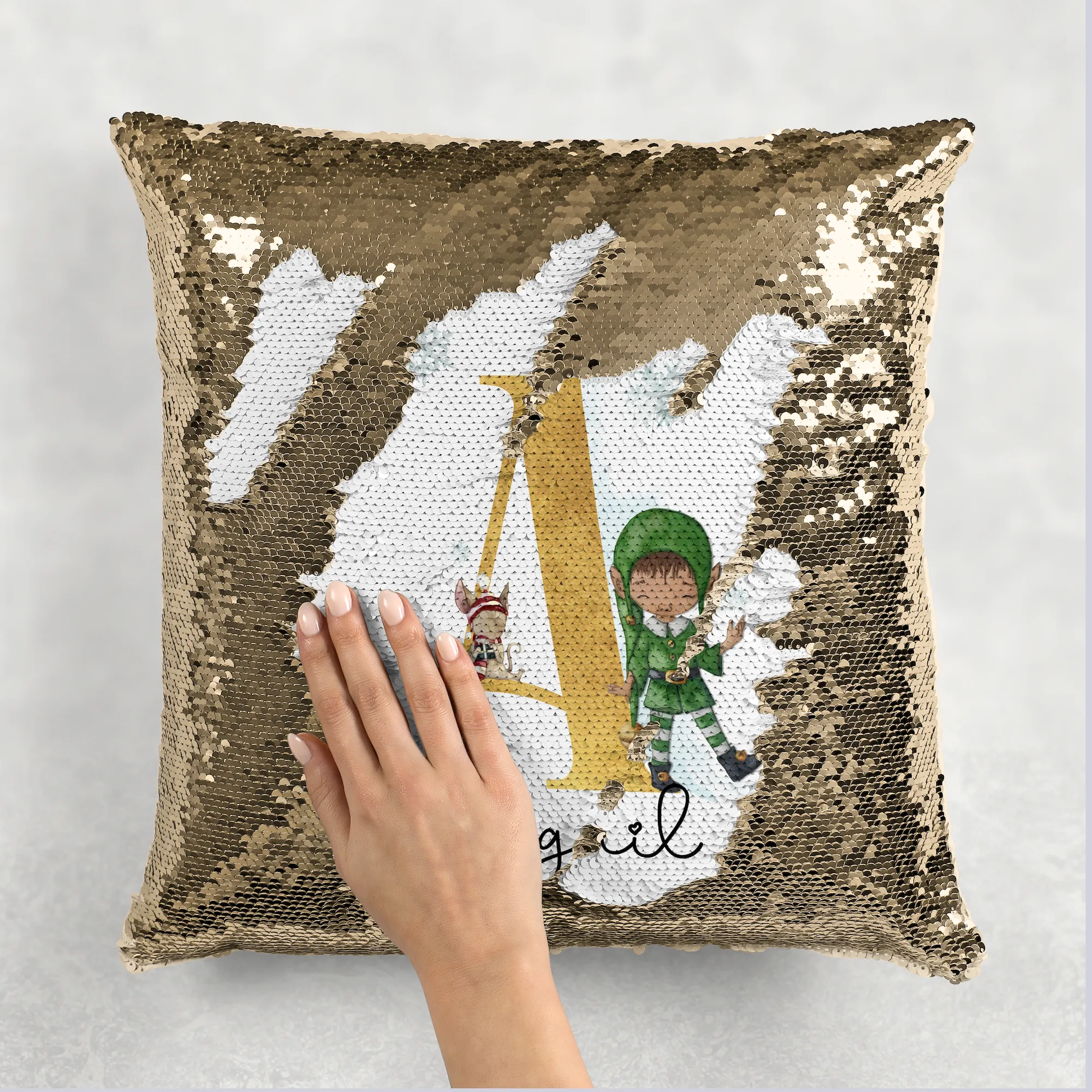 Elf Alphabet Christmas Personalised Mermaid Sequin Cushion