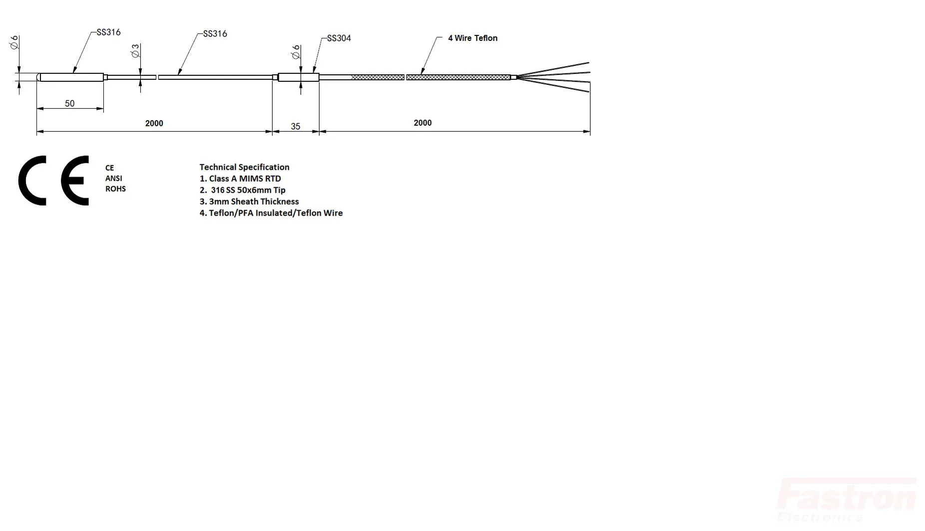 FRTD-6-3-2000-2000 (ST5976), RTD 4 Wire MIMS, 3mm x 2000mm   6mm x 50mm Tip. 2000mm 4 wire Teflon/Screened/Teflon cable, -50 to 350 Deg C