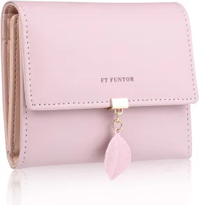 FT Funtor RFID Wallets for Women, Leaf Card Holder Trifold Ladies Wallets Coins Zipper Pocket with ID Window