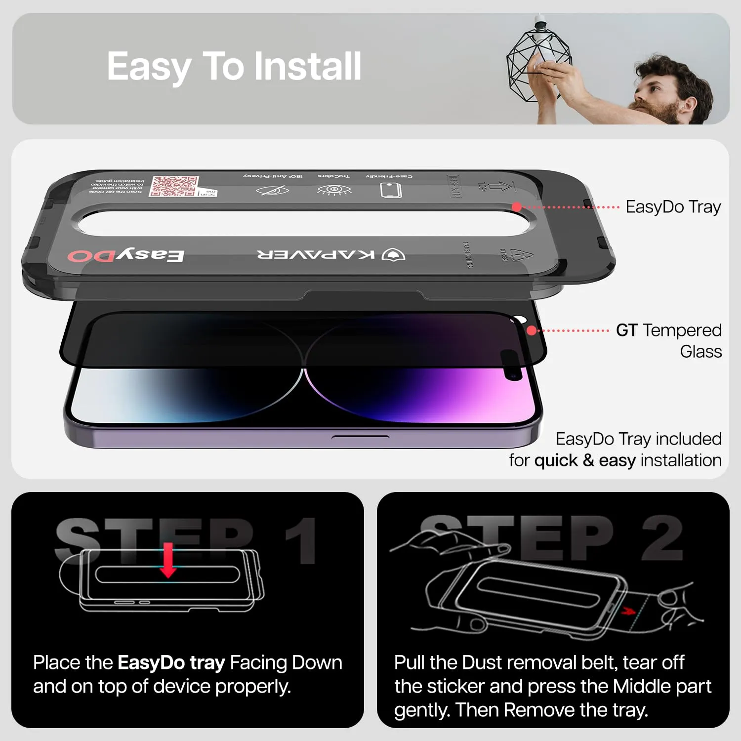 iPhone 14 Pro GT Series Privacy Tempered Glass Screen Protector Guard | Easy Do (Privacy) - 1 Pack
