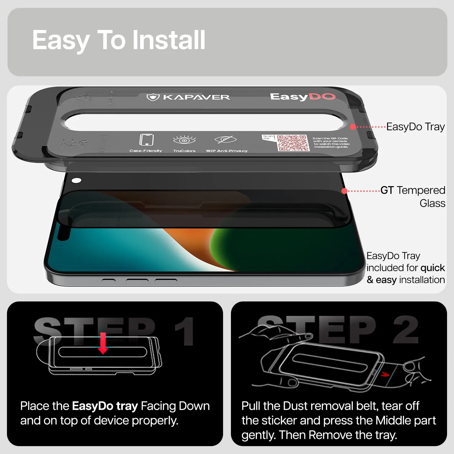 iPhone 16 Pro Max Easy DO Tempered Glass Screen Protector Guard | GT Series (Privacy) - 1 Pack