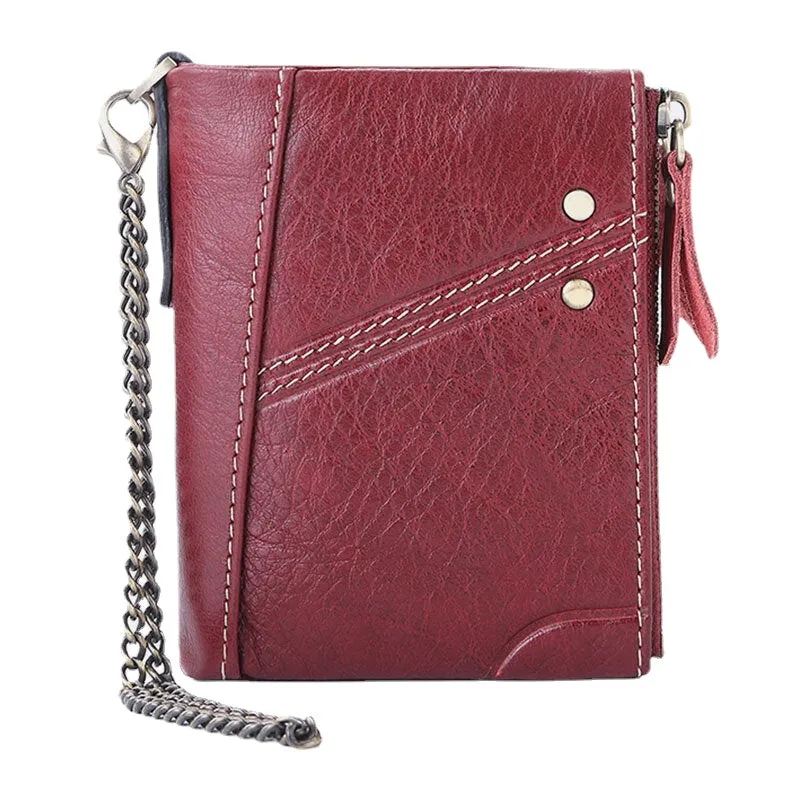 Men Genuine Leather RFID Blocking Anti-theft Retro Business Double Zipper Card Holder Wallet