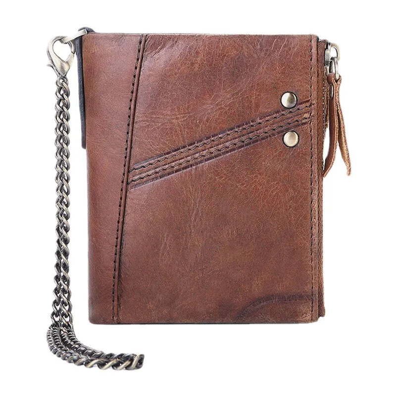Men Genuine Leather RFID Blocking Anti-theft Retro Business Double Zipper Card Holder Wallet